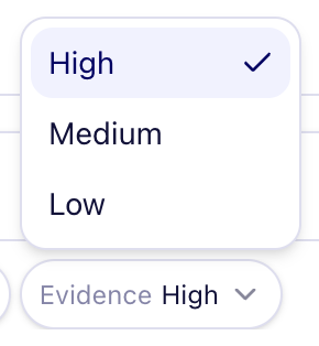 Adiba evidence strength dropdown with high, medium, and low options.