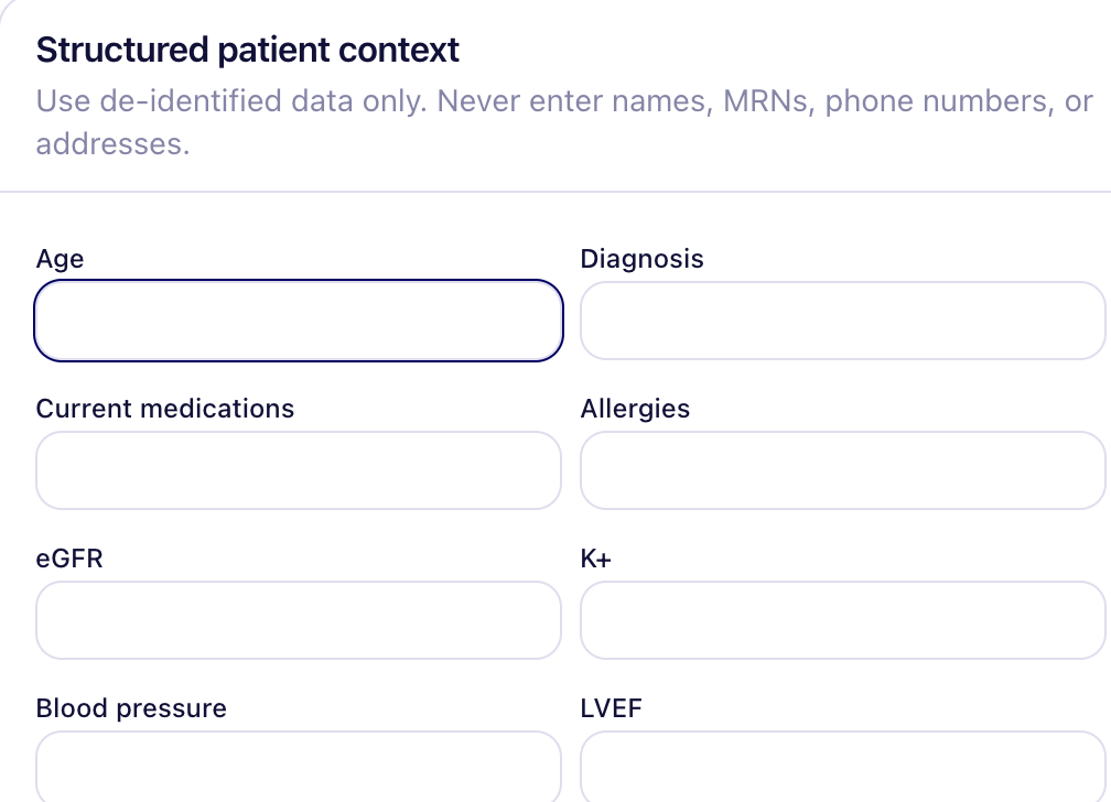 Adiba structured patient context panel with fields for age, diagnosis, medications, allergies, eGFR, potassium, blood pressure, and LVEF.