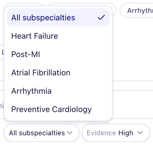 Adiba subspecialty dropdown with cardiology options.